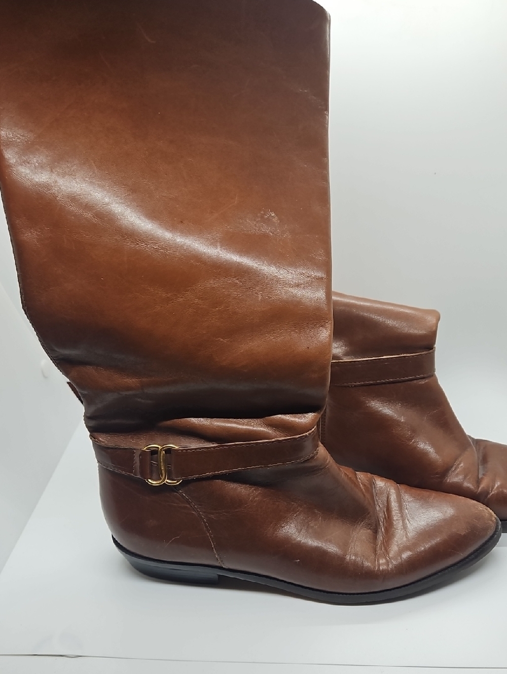 Vintage Etienne Aigner Tan Brown Leather Mid-Calf Boots with Gold Accent